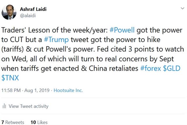 Trump Hikes after Powell Cut, onto NFP - Tweet Trump Tariff Aug 2 2019 (Chart 1)
